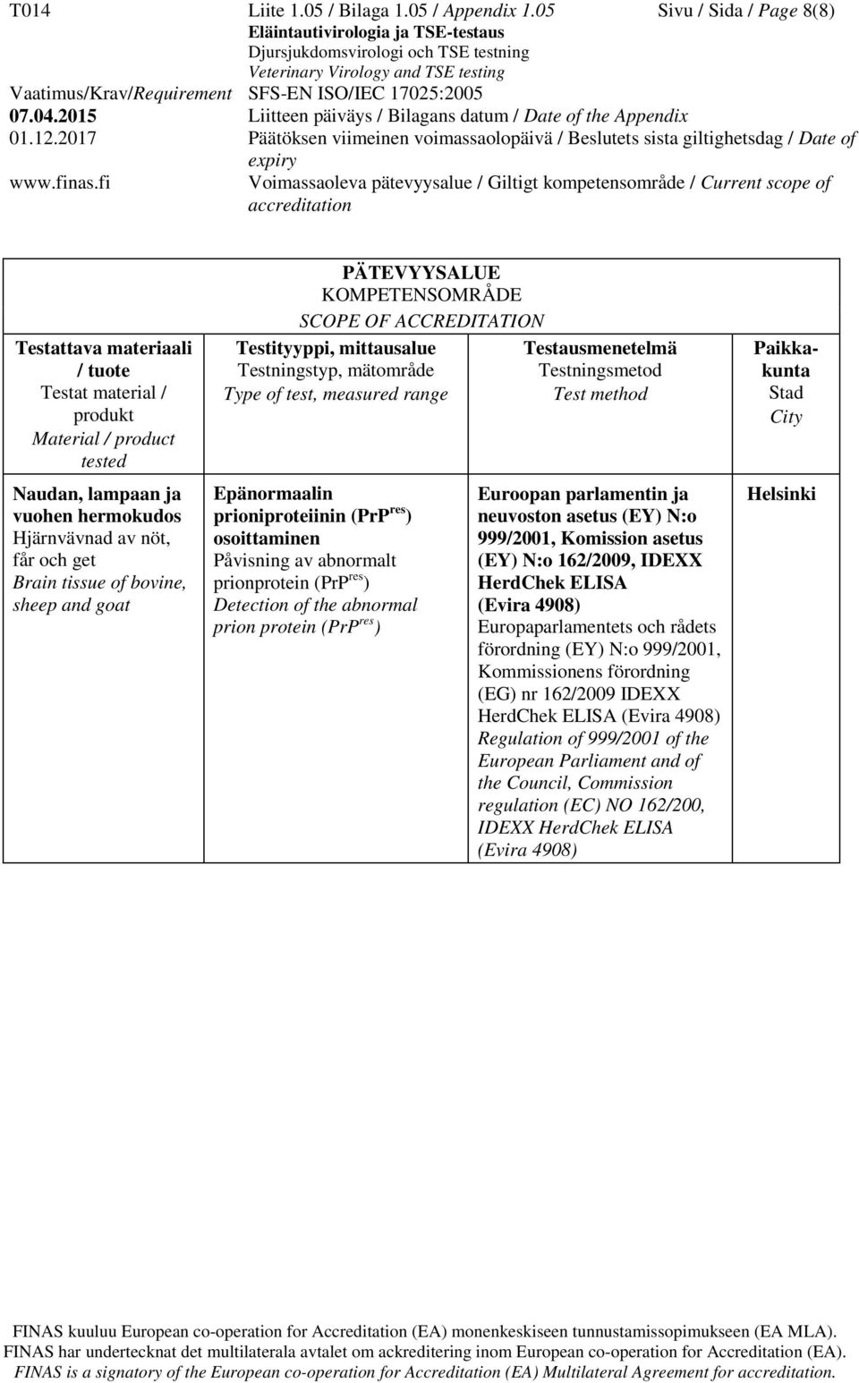 prionprotein (PrP res ) Detection of the abnormal prion protein (PrP res ) Euroopan parlamentin ja neuvoston asetus (EY) N:o 999/2001, Komission asetus (EY) N:o 162/2009, IDEXX HerdChek ELISA (Evira