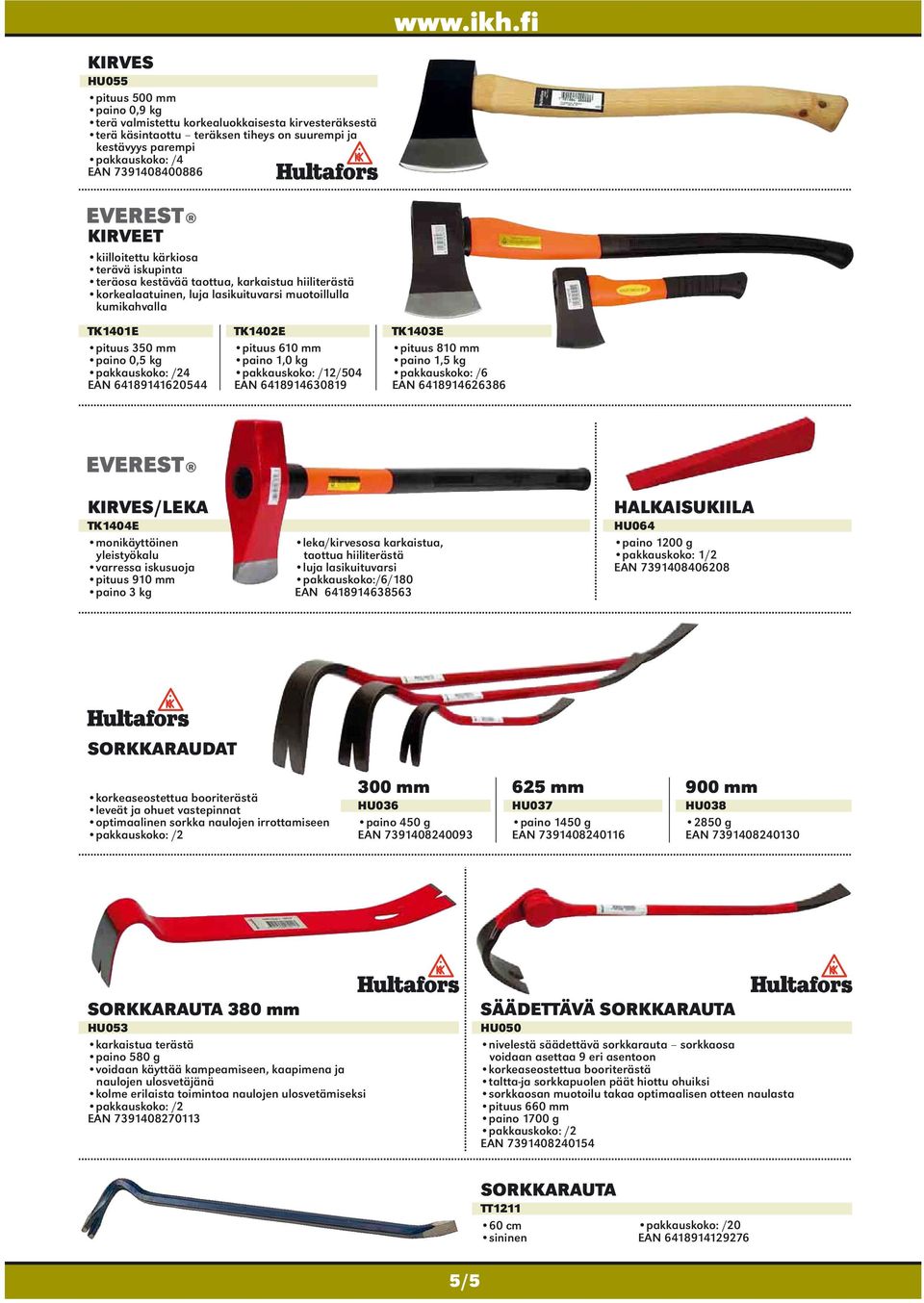 pakkauskoko: /24 EAN 64189141620544 TK1402E pituus 610 mm paino 1,0 kg pakkauskoko: /12/504 EAN 6418914630819 TK1403E pituus 810 mm paino 1,5 kg pakkauskoko: /6 EAN 6418914626386 KIRVES/LEKA TK1404E