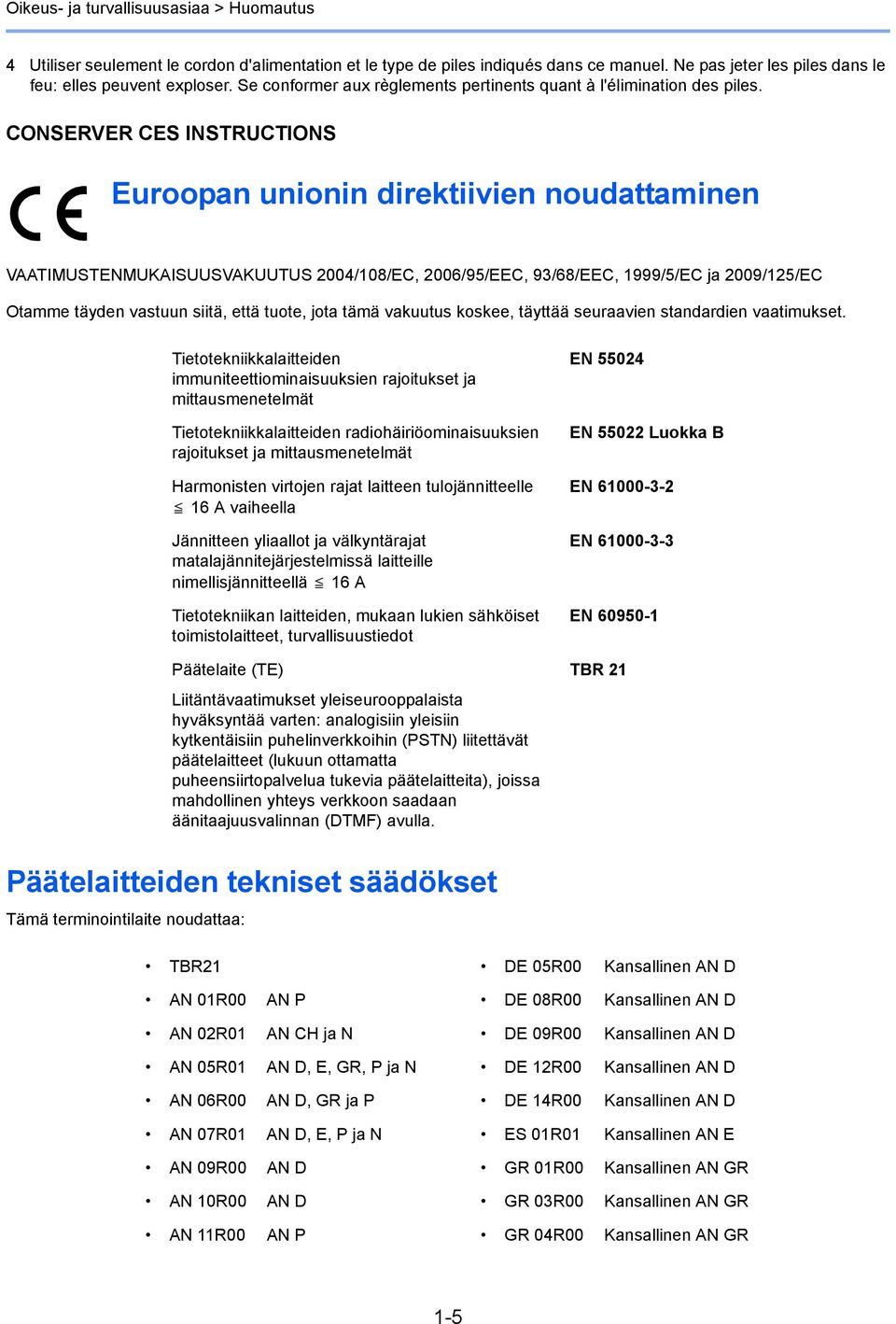 CONSERVER CES INSTRUCTIONS Euroopan unionin direktiivien noudattaminen VAATIMUSTENMUKAISUUSVAKUUTUS 2004/108/EC, 2006/95/EEC, 93/68/EEC, 1999/5/EC ja 2009/125/EC Otamme täyden vastuun siitä, että