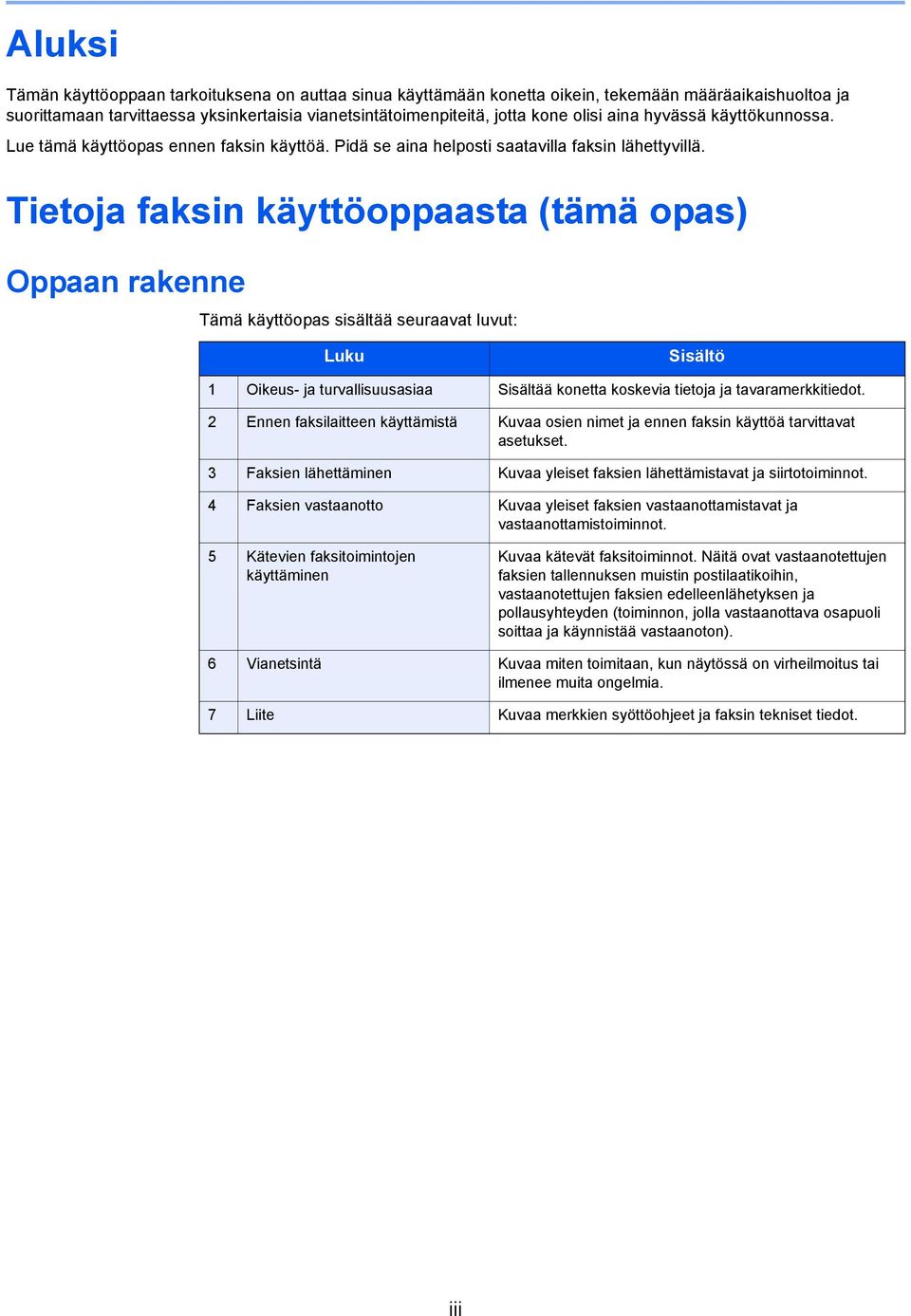 Tietoja faksin käyttöoppaasta (tämä opas) Oppaan rakenne Tämä käyttöopas sisältää seuraavat luvut: Luku Sisältö 1 Oikeus- ja turvallisuusasiaa Sisältää konetta koskevia tietoja ja tavaramerkkitiedot.