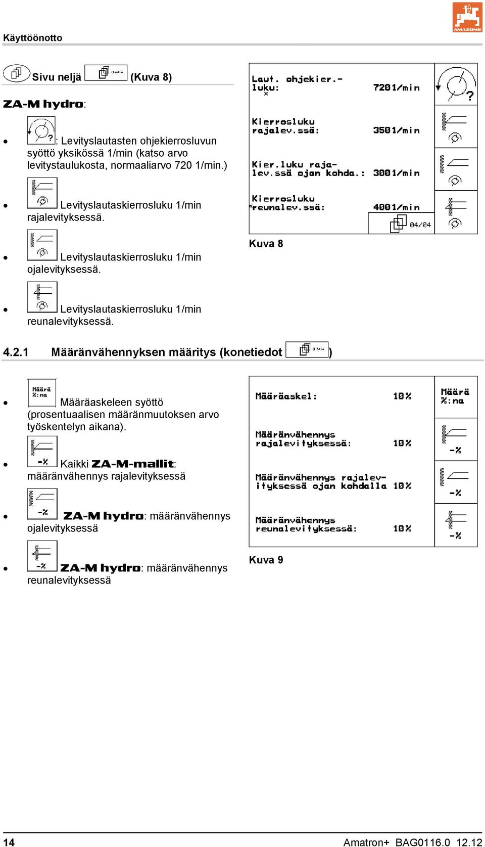 Kuva 8 Levityslautaskierrosluku 1/min reunalevityksessä. 4.2.