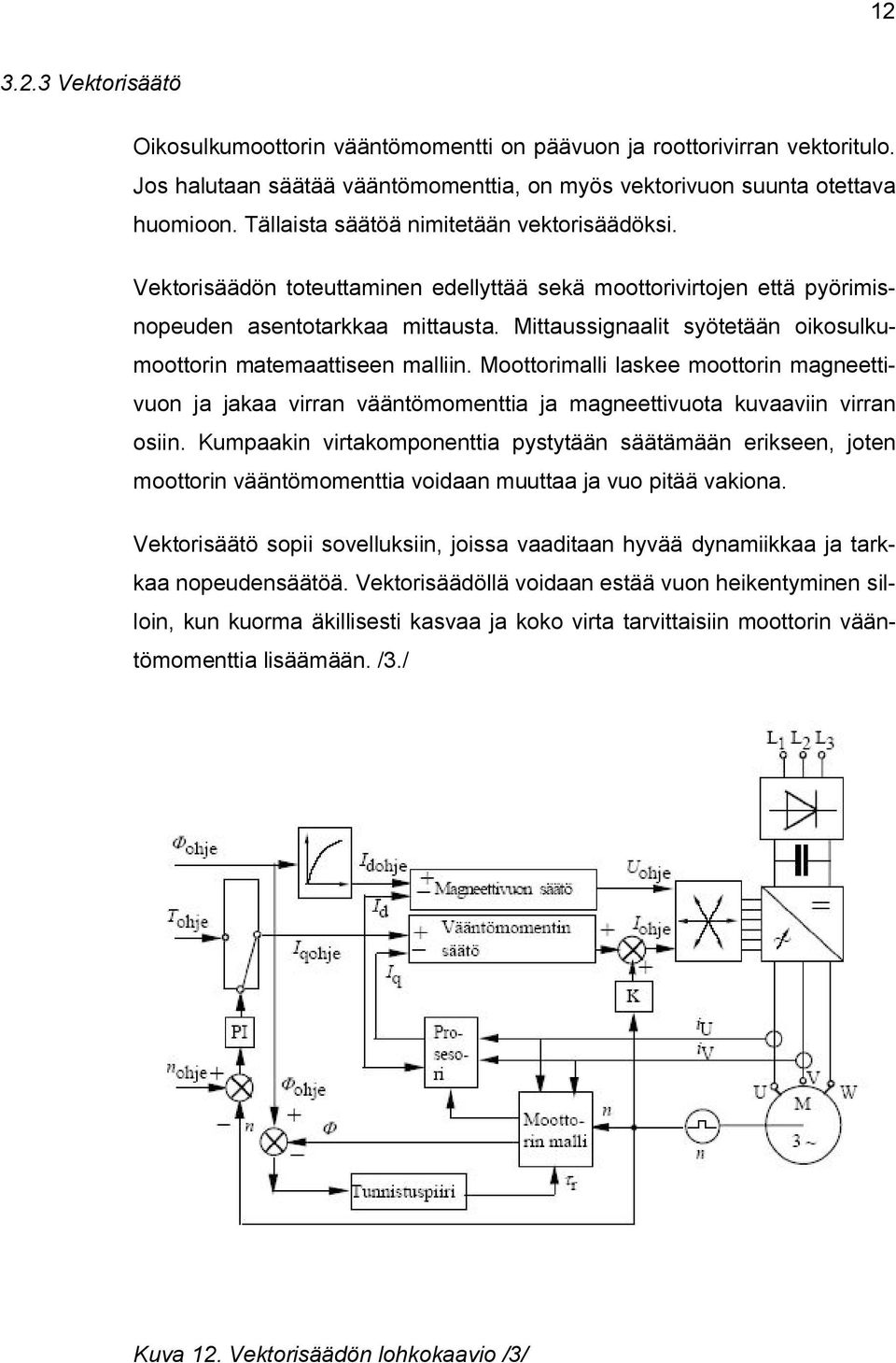 Mittaussignaalit syötetään oikosulkumoottorin matemaattiseen malliin. Moottorimalli laskee moottorin magneettivuon ja jakaa virran vääntömomenttia ja magneettivuota kuvaaviin virran osiin.