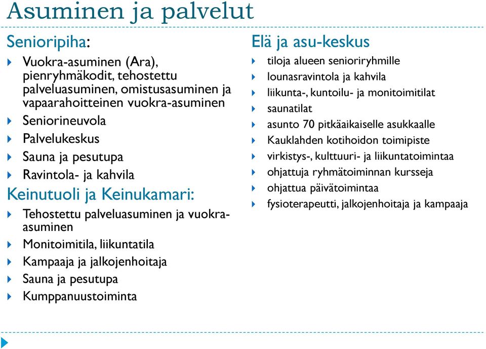 pesutupa Kumppanuustoiminta Elä ja asu-keskus tiloja alueen senioriryhmille lounasravintola ja kahvila liikunta-, kuntoilu- ja monitoimitilat saunatilat asunto 70 pitkäaikaiselle