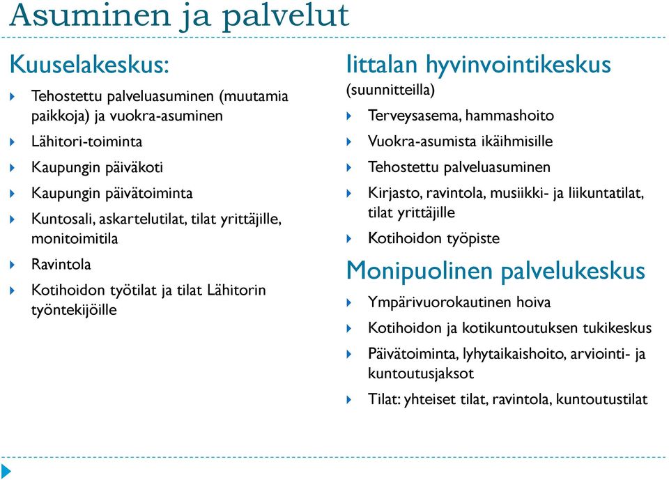 hammashoito Vuokra-asumista ikäihmisille Tehostettu palveluasuminen Kirjasto, ravintola, musiikki- ja liikuntatilat, tilat yrittäjille Kotihoidon työpiste Monipuolinen