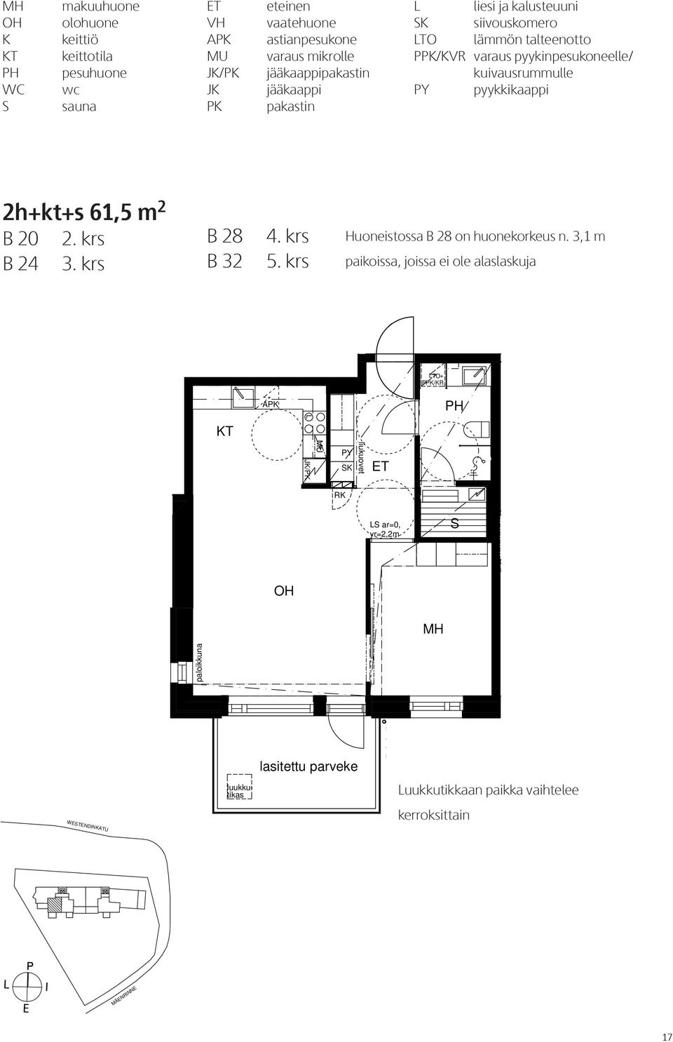 krs 5. krs Huoneistossa B 28 on huonekorkeus n.