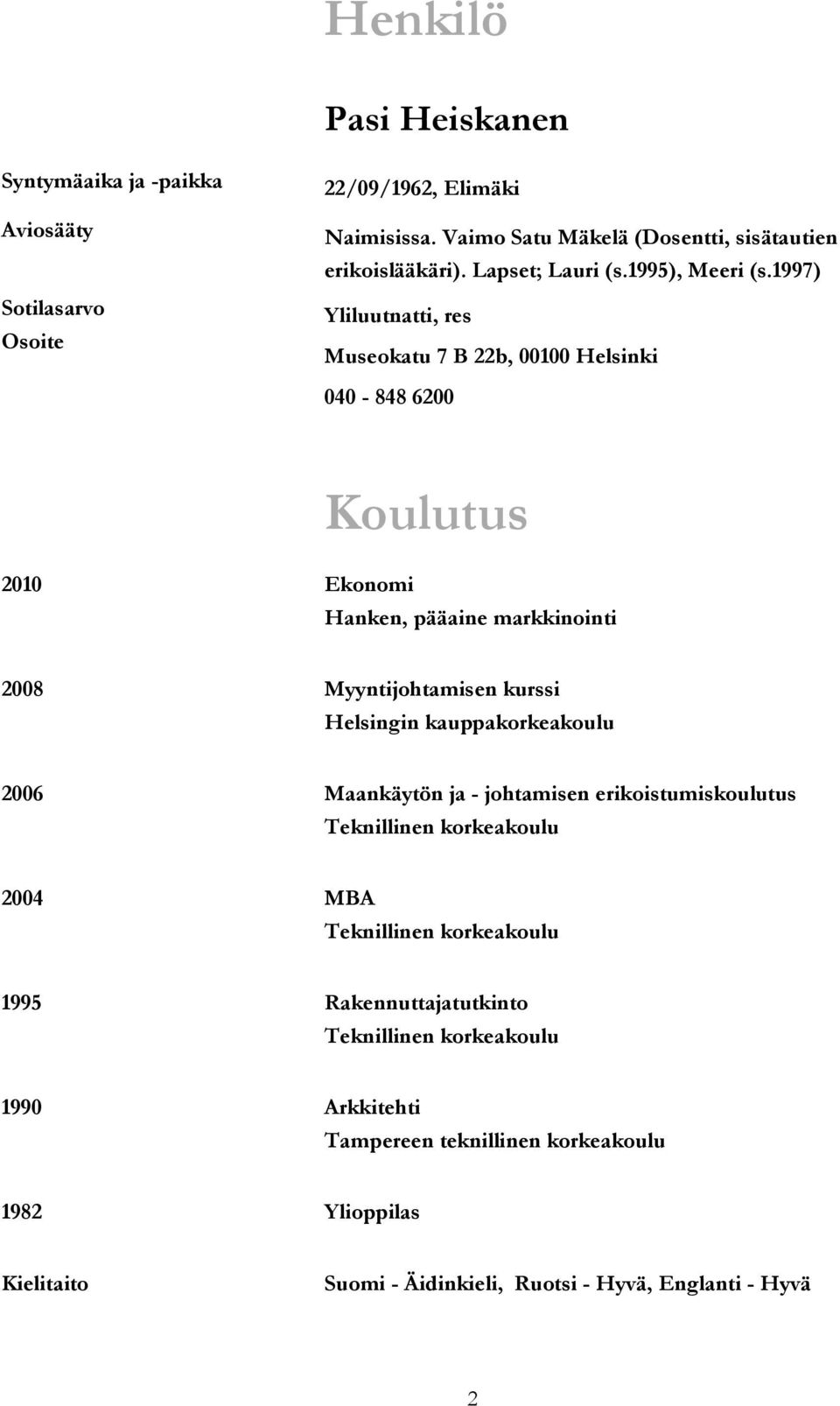 1997) Yliluutnatti, res Museokatu 7 B 22b, 00100 Helsinki 040-848 6200 2010 Ekonomi Koulutus Hanken, pääaine markkinointi 2008 Myyntijohtamisen kurssi Helsingin