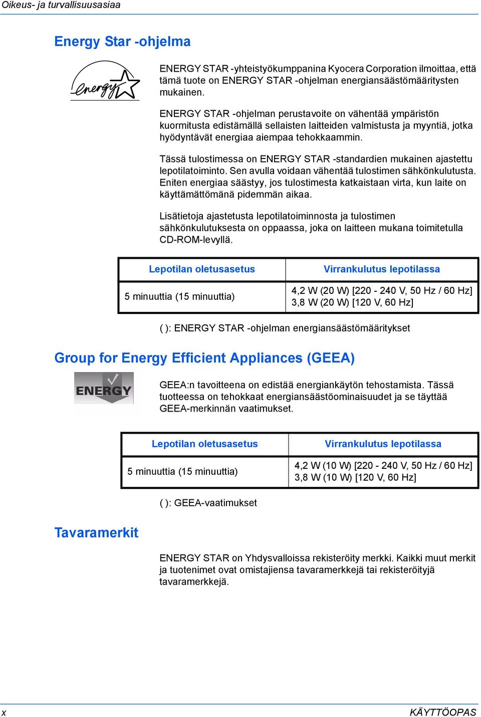 Tässä tulostimessa on ENERGY STAR -standardien mukainen ajastettu lepotilatoiminto. Sen avulla voidaan vähentää tulostimen sähkönkulutusta.