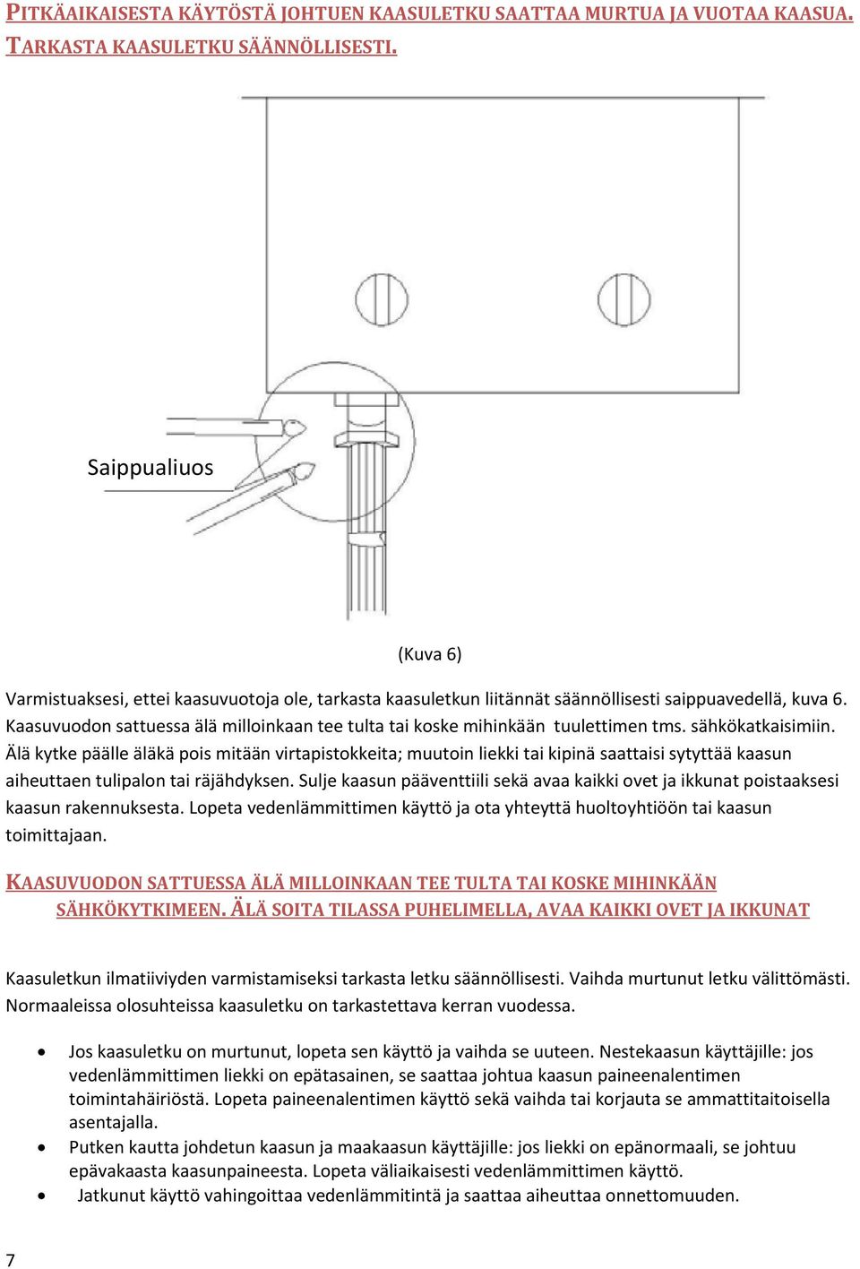 Kaasuvuodon sattuessa älä milloinkaan tee tulta tai koske mihinkään tuulettimen tms. sähkökatkaisimiin.