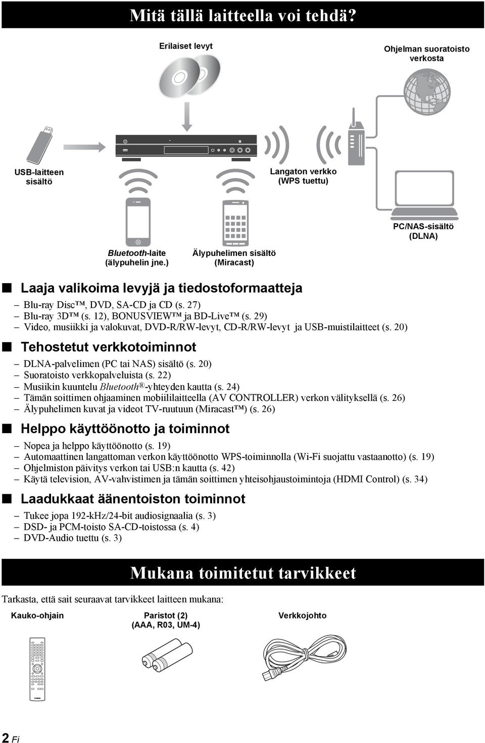 29) Video, musiikki ja valokuvat, DVD-R/RW-levyt, CD-R/RW-levyt ja USB-muistilaitteet (s. 20) Tehostetut verkkotoiminnot DLNA-palvelimen (PC tai NAS) sisältö (s. 20) Suoratoisto verkkopalveluista (s.