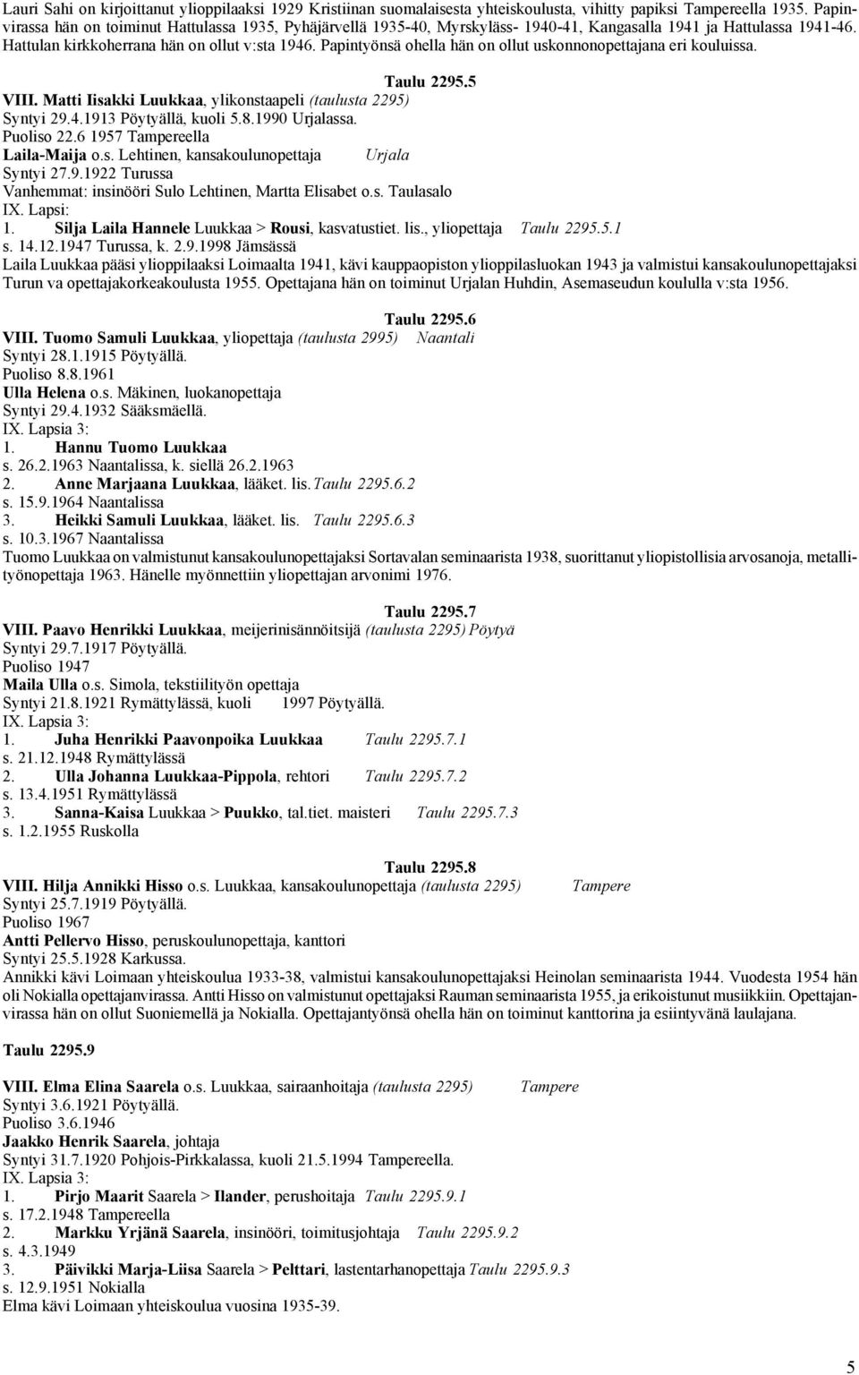 Papintyönsä ohella hän on ollut uskonnonopettajana eri kouluissa. Taulu 2295.5 VIII. Matti Iisakki Luukkaa, ylikonstaapeli (taulusta 2295) Syntyi 29.4.1913 Pöytyällä, kuoli 5.8.1990 Urjalassa.