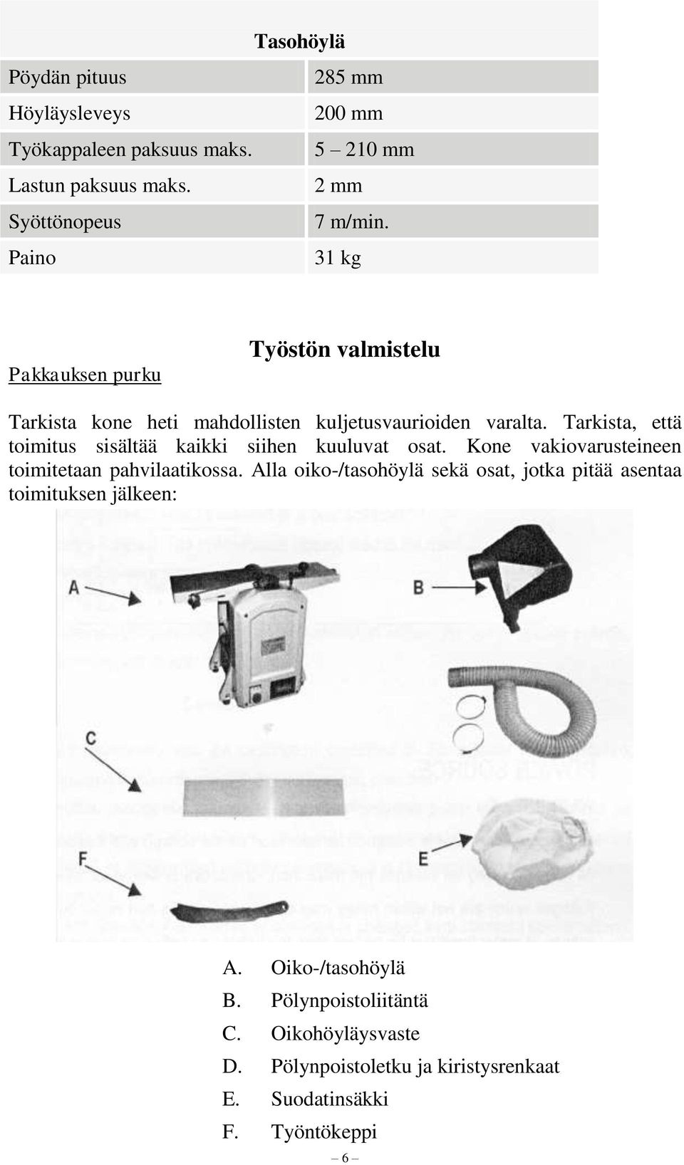 Tarkista, että toimitus sisältää kaikki siihen kuuluvat osat. Kone vakiovarusteineen toimitetaan pahvilaatikossa.