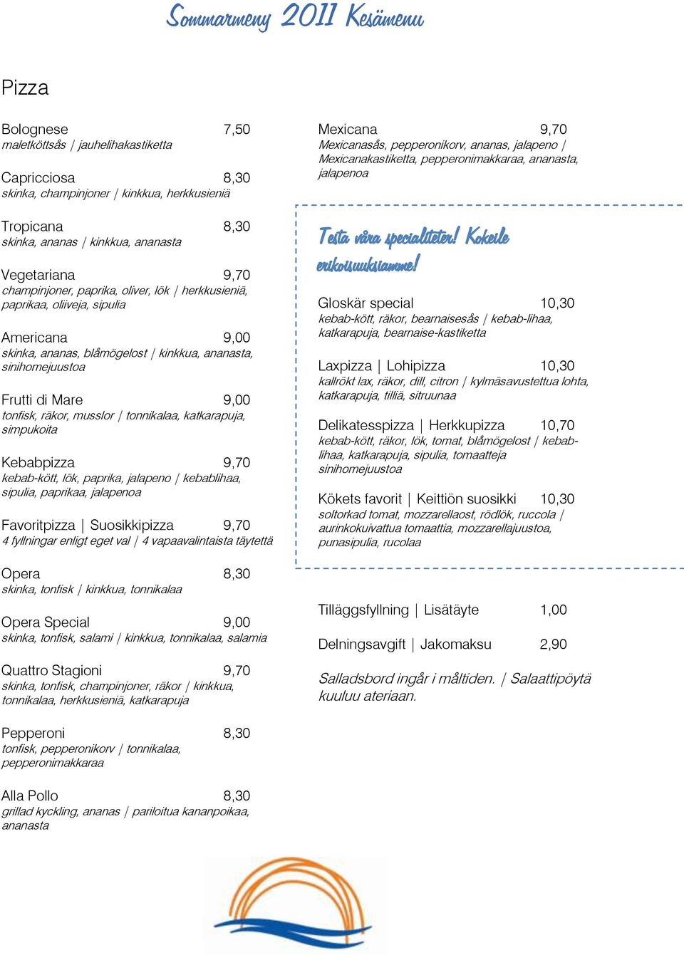 katkarapuja, simpukoita Kebabpizza 9,70 kebab-kött, lök, paprika, jalapeno kebablihaa, sipulia, paprikaa, jalapenoa Favoritpizza Suosikkipizza 9,70 4 fyllningar enligt eget val 4 vapaavalintaista