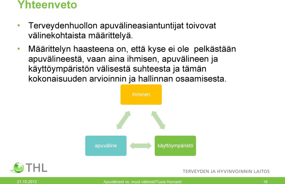 apuvälineen ja käyttöympäristön välisestä suhteesta ja tämän kokonaisuuden arvioinnin ja