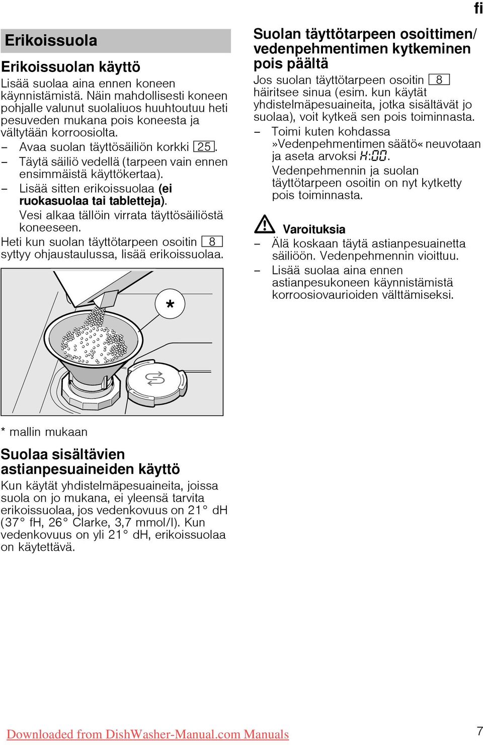 Täytä säiliö vedellä (tarpeen vain ennen ensimmäistä käyttökertaa). Lisää sitten erikoissuolaa (ei ruokasuolaa tai tabletteja). Vesi alkaa tällöin virrata täyttösäiliöstä koneeseen.