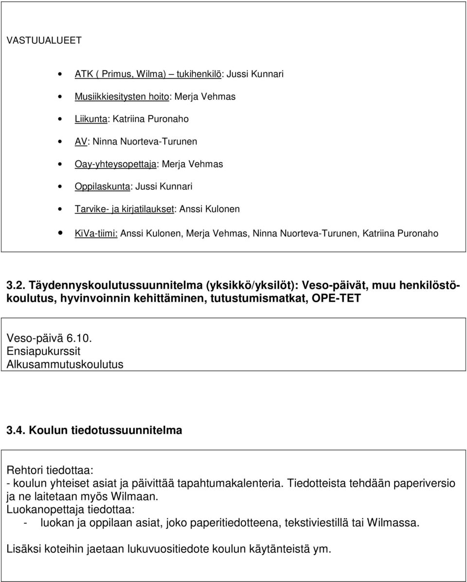 Täydennyskoulutussuunnitelma (yksikkö/yksilöt): Veso-päivät, muu henkilöstökoulutus, hyvinvoinnin kehittäminen, tutustumismatkat, OPE-TET Veso-päivä 6.10. Ensiapukurssit Alkusammutuskoulutus 3.4.