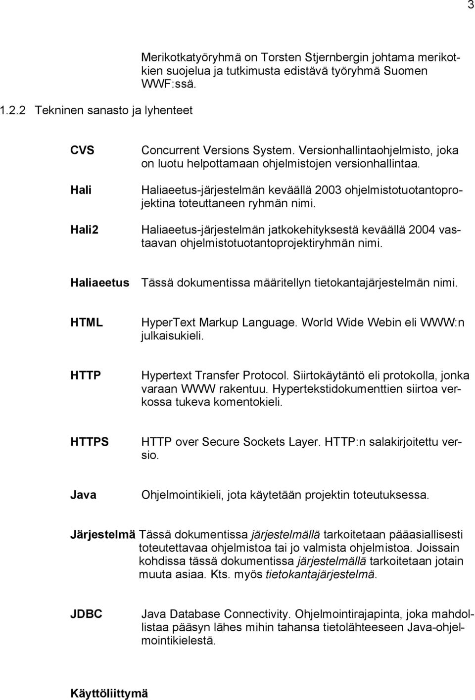 Haliaeetus-järjestelmän jatkokehityksestä keväällä 00 vastaavan ohjelmistotuotantoprojektiryhmän nimi. Haliaeetus Tässä dokumentissa määritellyn tietokantajärjestelmän nimi.