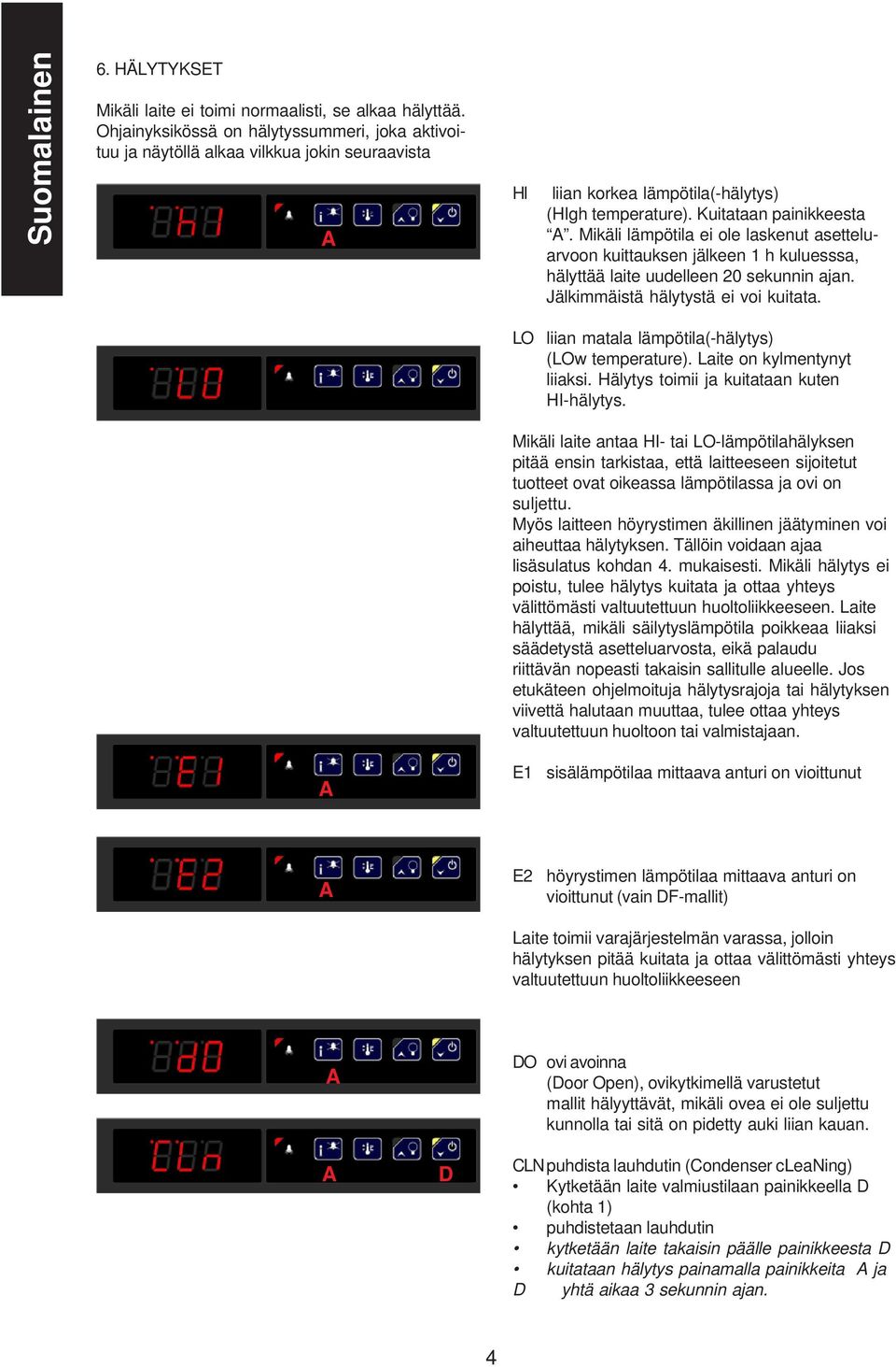 Mikäli lämpötila ei ole laskenut asetteluarvoon kuittauksen jälkeen 1 h kuluesssa, hälyttää laite uudelleen 20 sekunnin ajan. Jälkimmäistä hälytystä ei voi kuitata.