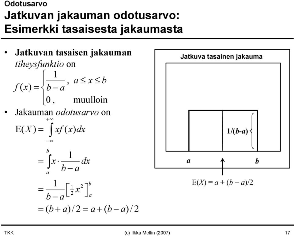 odotusarvo on + E( X) = xf( x) dx b 1 = x dx b a a 1 1 2 b = 2 x b a a = ( b+ a)/2 =