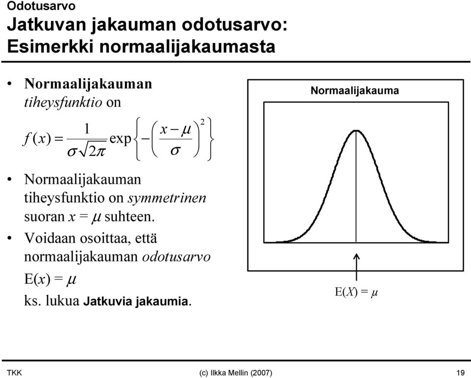 tiheysfunktio on symmetrinen suoran x = µ suhteen.