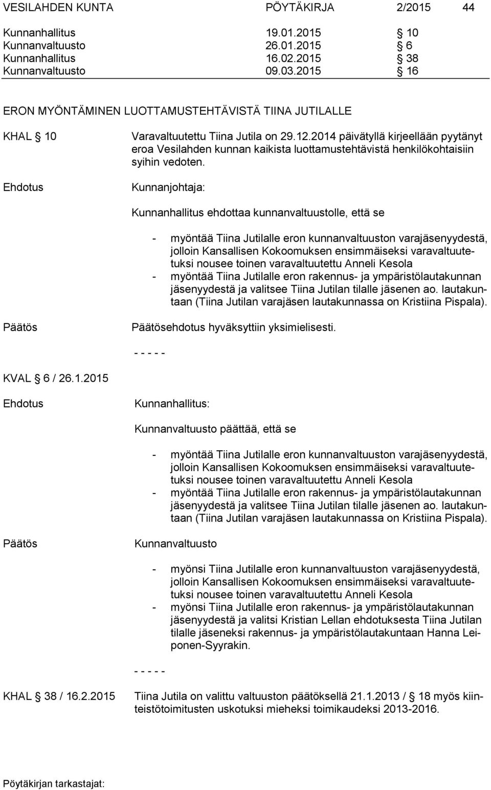 2014 päivätyllä kirjeellään pyytänyt eroa Vesilahden kunnan kaikista luottamustehtävistä henkilökohtaisiin syihin vedoten.