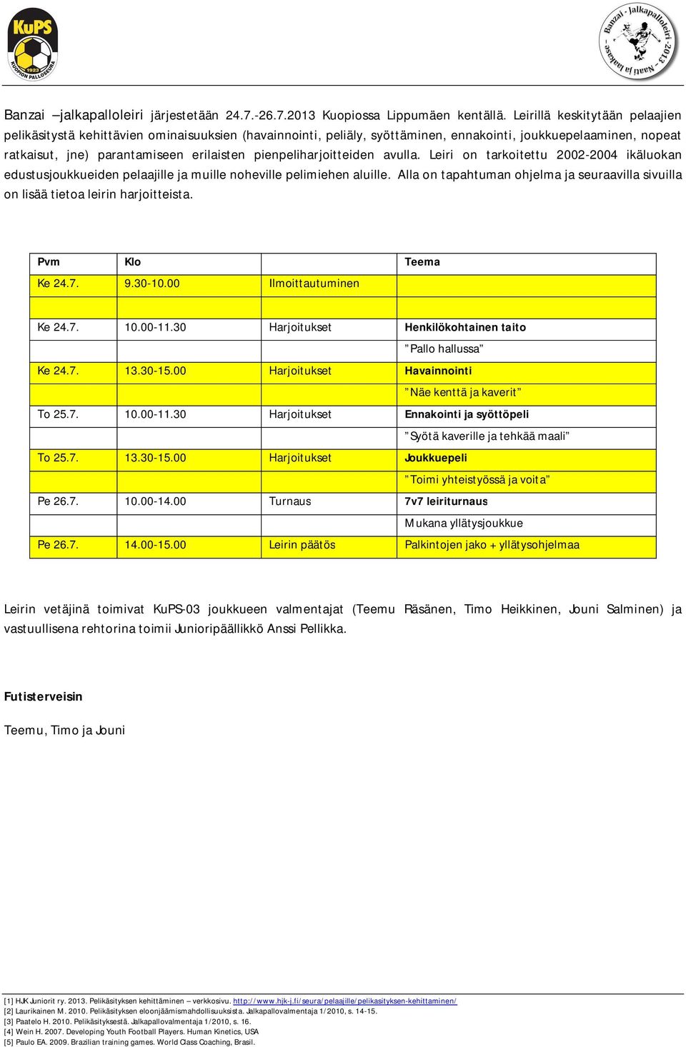 pienpeliharjoitteiden avulla. Leiri on tarkoitettu 2002-2004 ikäluokan edustusjoukkueiden pelaajille ja muille noheville pelimiehen aluille.