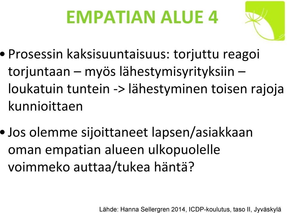Jos olemme sijoittaneet lapsen/asiakkaan oman empatian alueen ulkopuolelle