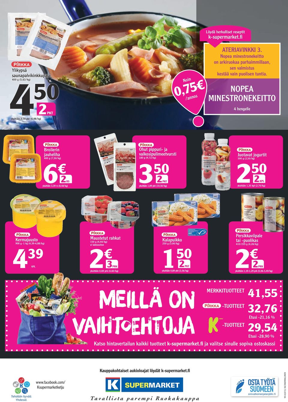 hengelle ykittäin,79 pkt (6,98/kg) Broilerin jauheliha Ohut pippuri- ja valkoipulimeetvurti 6 9 g - kg (,9-,88/kg) 9 g (,/kg) RS ykittäin,9 r (8,8/kg) Kermajuuto Juotavat jogurtit 8 g (9,7/kg) g