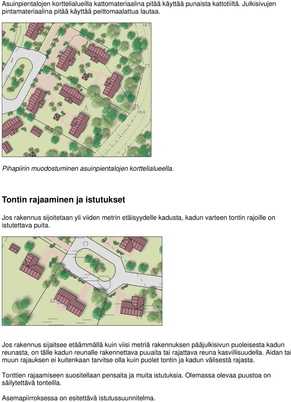 Tontin rajaaminen ja istutukset Jos rakennus sijoitetaan yli viiden metrin etäisyydelle kadusta, kadun varteen tontin rajoille on istutettava puita.