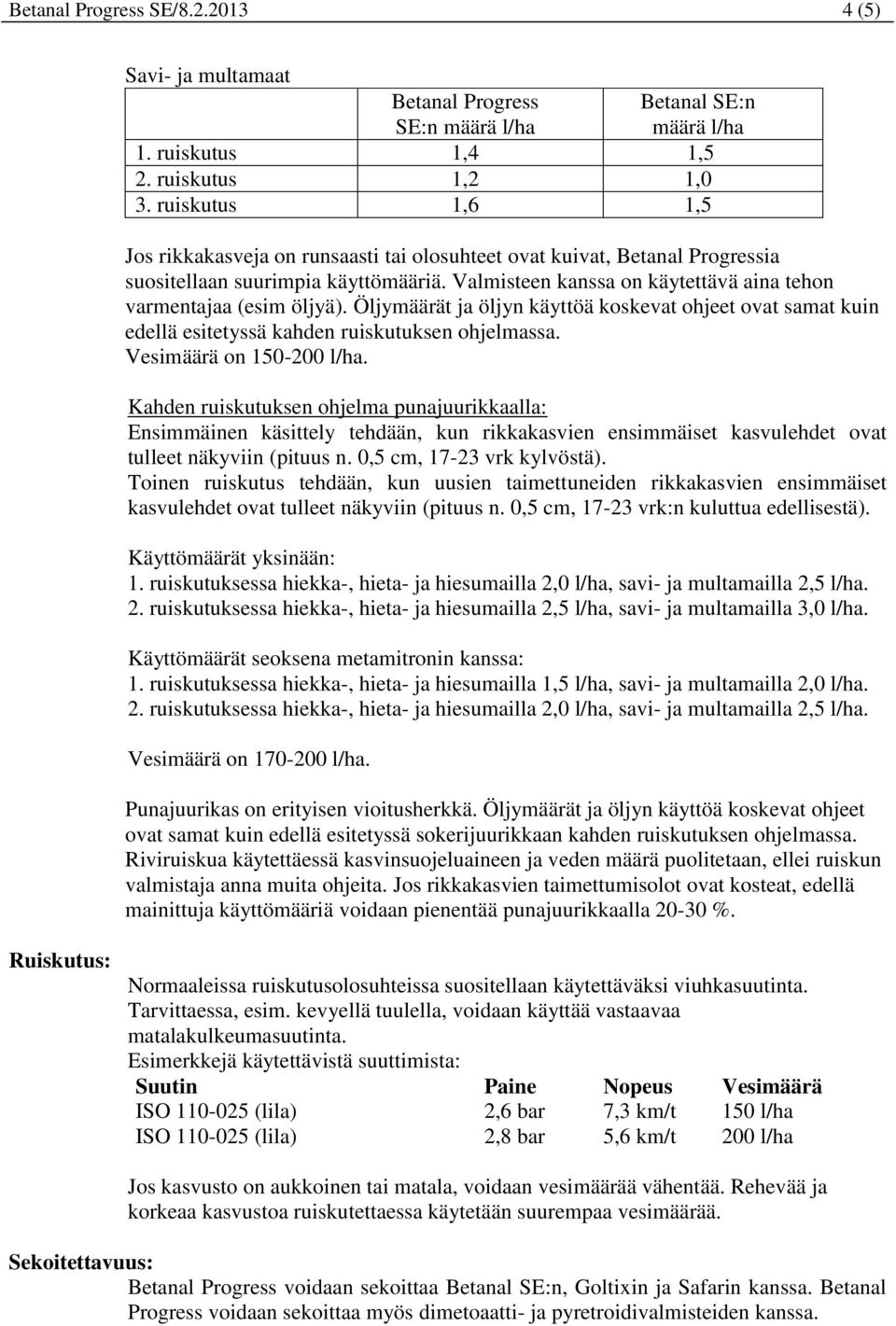 Öljymäärät ja öljyn käyttöä koskevat ohjeet ovat samat kuin edellä esitetyssä kahden ruiskutuksen ohjelmassa. Vesimäärä on l/ha.