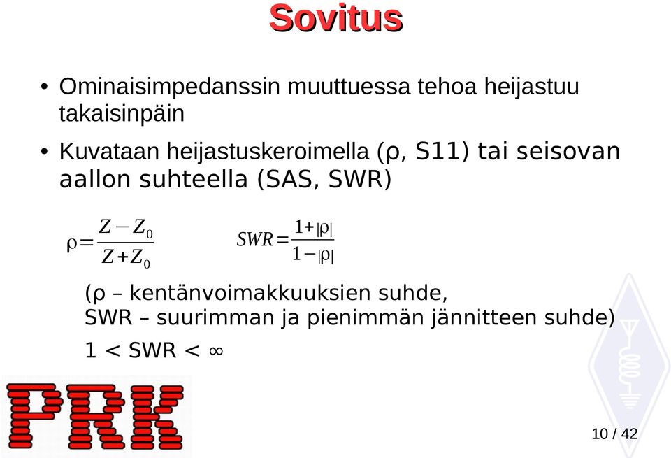 (SAS, SWR) Z Z 0 ρ= Z +Z 0 1+ ρ SWR = 1 ρ (ρ kentänvoimakkuuksien