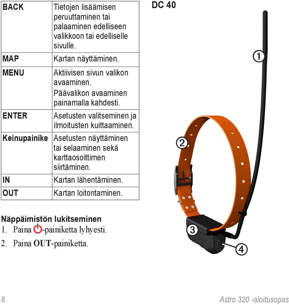 Asetusten valitseminen ja ilmoitusten kuittaaminen. Asetusten näyttäminen tai selaaminen sekä karttaosoittimen siirtäminen.