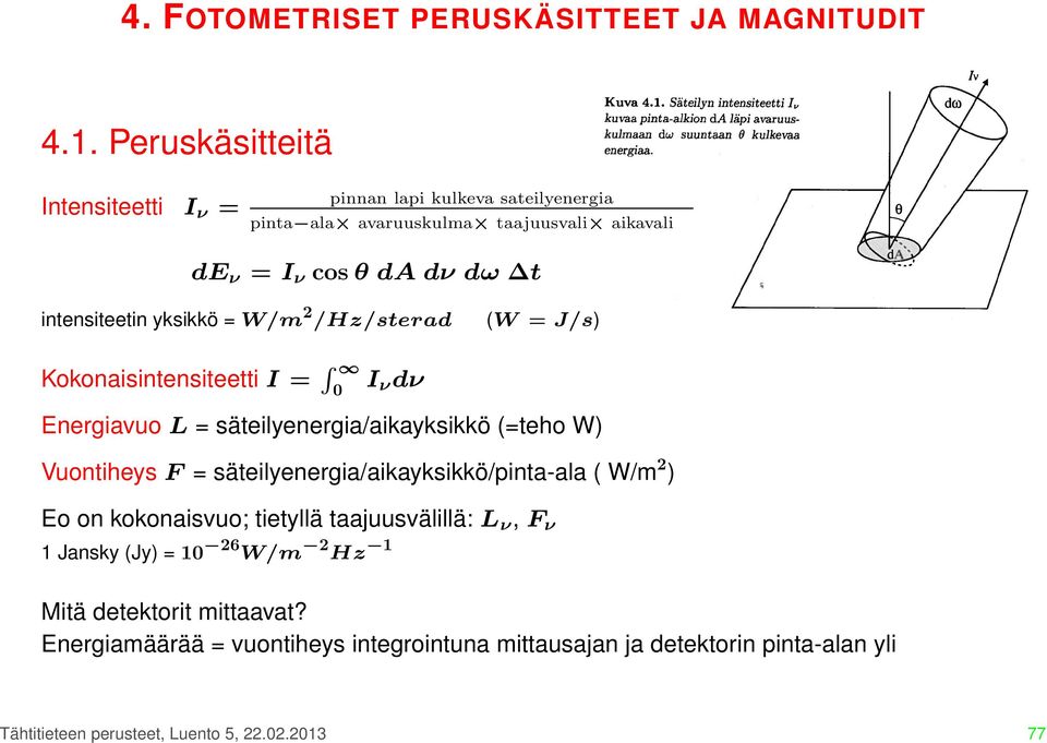 yksikkö = W/m 2 /Hz/sterad (W = J/s) Kokonaisintensiteetti I = R 0 I ν dν Energiavuo L = säteilyenergia/aikayksikkö (=teho W) Vuontiheys F =