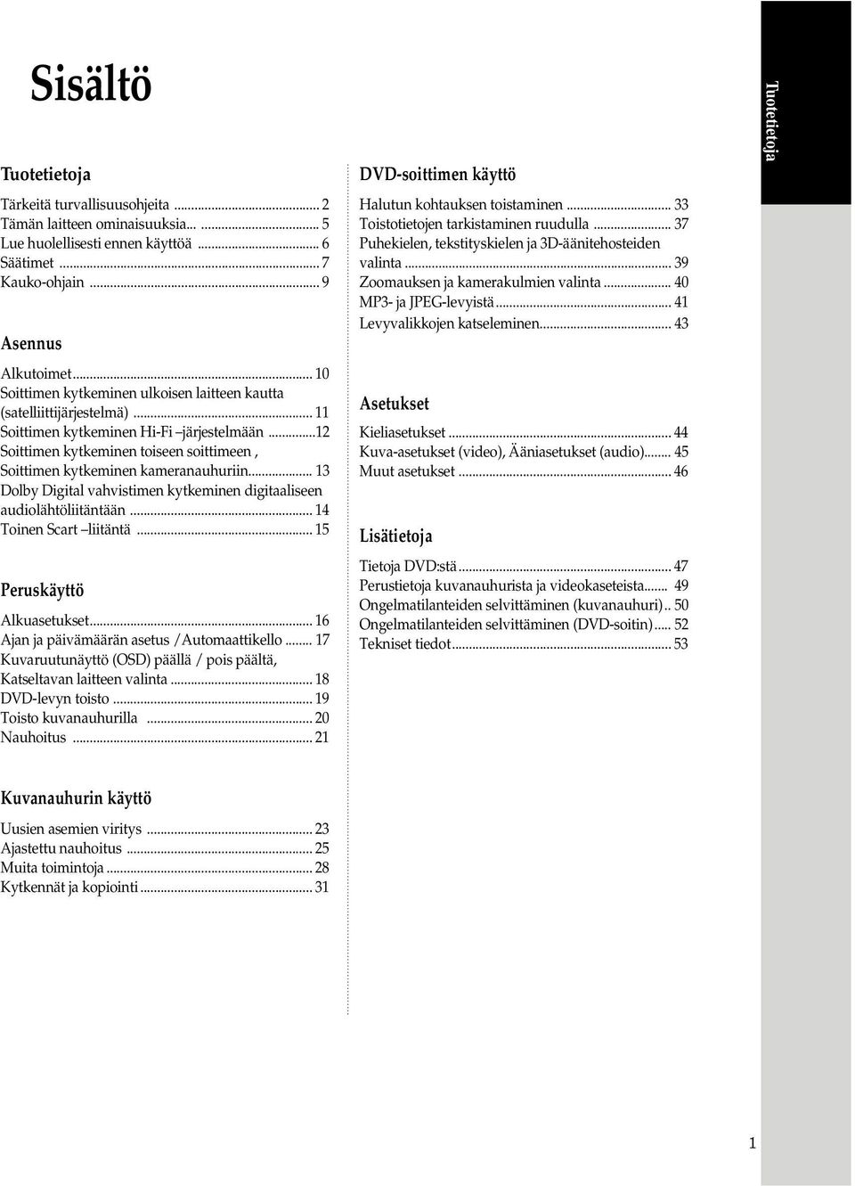 .. Dolby Digital vahvistimen kytkeminen digitaaliseen audiolähtöliitäntään... 4 Toinen Scart liitäntä... 5 Peruskäyttö Alkuasetukset... 6 Ajan ja päivämäärän asetus /Automaattikello.