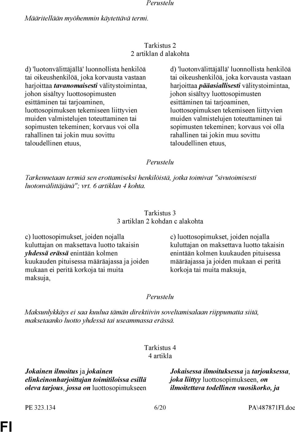 esittäminen tai tarjoaminen, luottosopimuksen tekemiseen liittyvien muiden valmistelujen toteuttaminen tai sopimusten tekeminen; korvaus voi olla rahallinen tai jokin muu sovittu taloudellinen etuus,