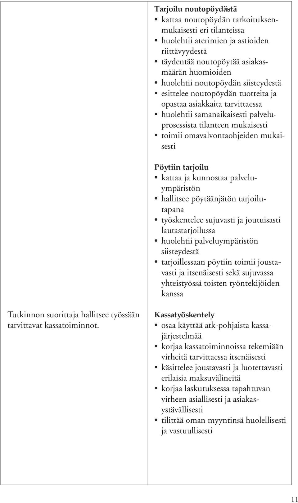 tarjoilu kattaa ja kunnostaa palveluympäristön hallitsee pöytäänjätön tarjoilutapana työskentelee sujuvasti ja joutuisasti lautastarjoilussa huolehtii palveluympäristön siisteydestä tarjoillessaan