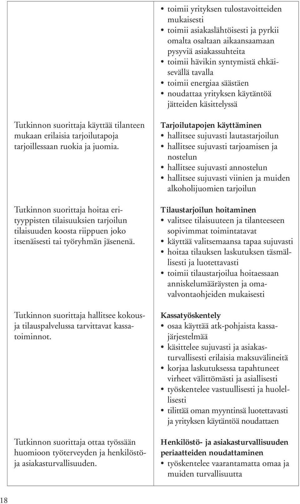 Tutkinnon suorittaja hoitaa erityyppisten tilaisuuksien tarjoilun tilaisuuden koosta riippuen joko itsenäisesti tai työryhmän jäsenenä.
