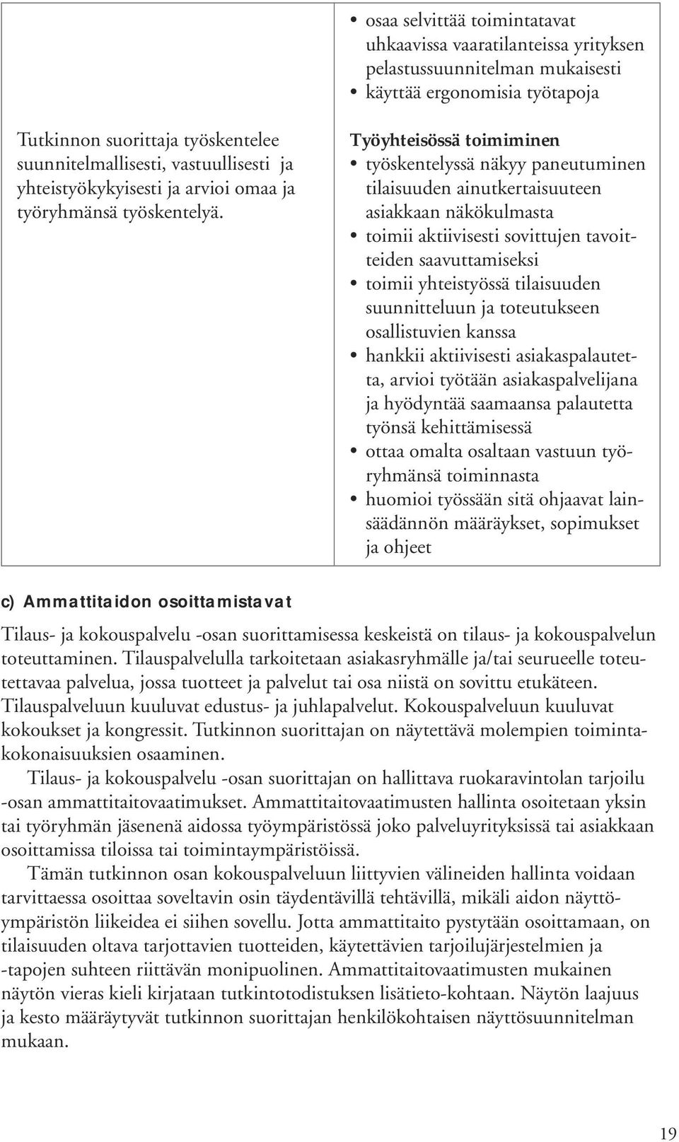 Työyhteisössä toimiminen työskentelyssä näkyy paneutuminen tilaisuuden ainutkertaisuuteen asiakkaan näkökulmasta toimii aktiivisesti sovittujen tavoitteiden saavuttamiseksi toimii yhteistyössä