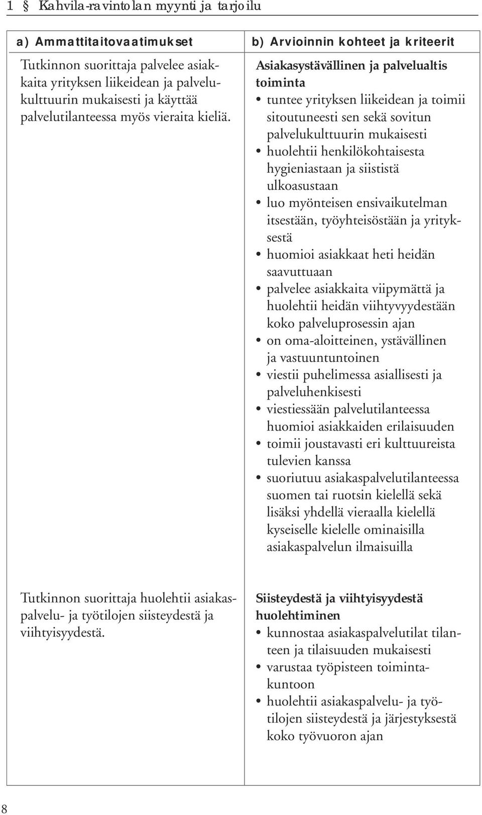 b) Arvioinnin kohteet ja kriteerit Asiakasystävällinen ja palvelualtis toiminta tuntee yrityksen liikeidean ja toimii sitoutuneesti sen sekä sovitun palvelukulttuurin mukaisesti huolehtii