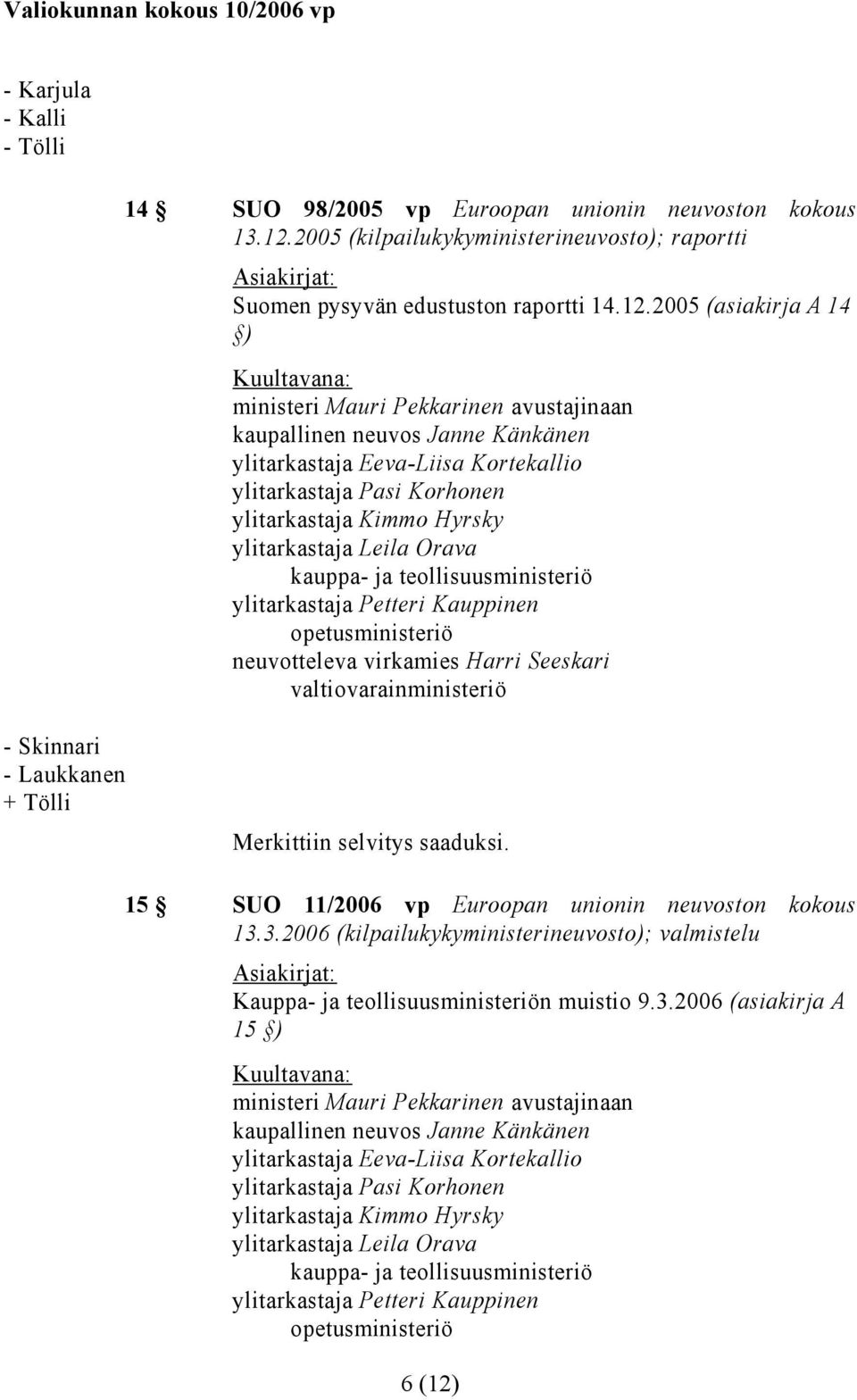 2005 (asiakirja A 14 ) ministeri Mauri Pekkarinen avustajinaan kaupallinen neuvos Janne Känkänen ylitarkastaja Eeva-Liisa Kortekallio ylitarkastaja Pasi Korhonen ylitarkastaja Kimmo Hyrsky