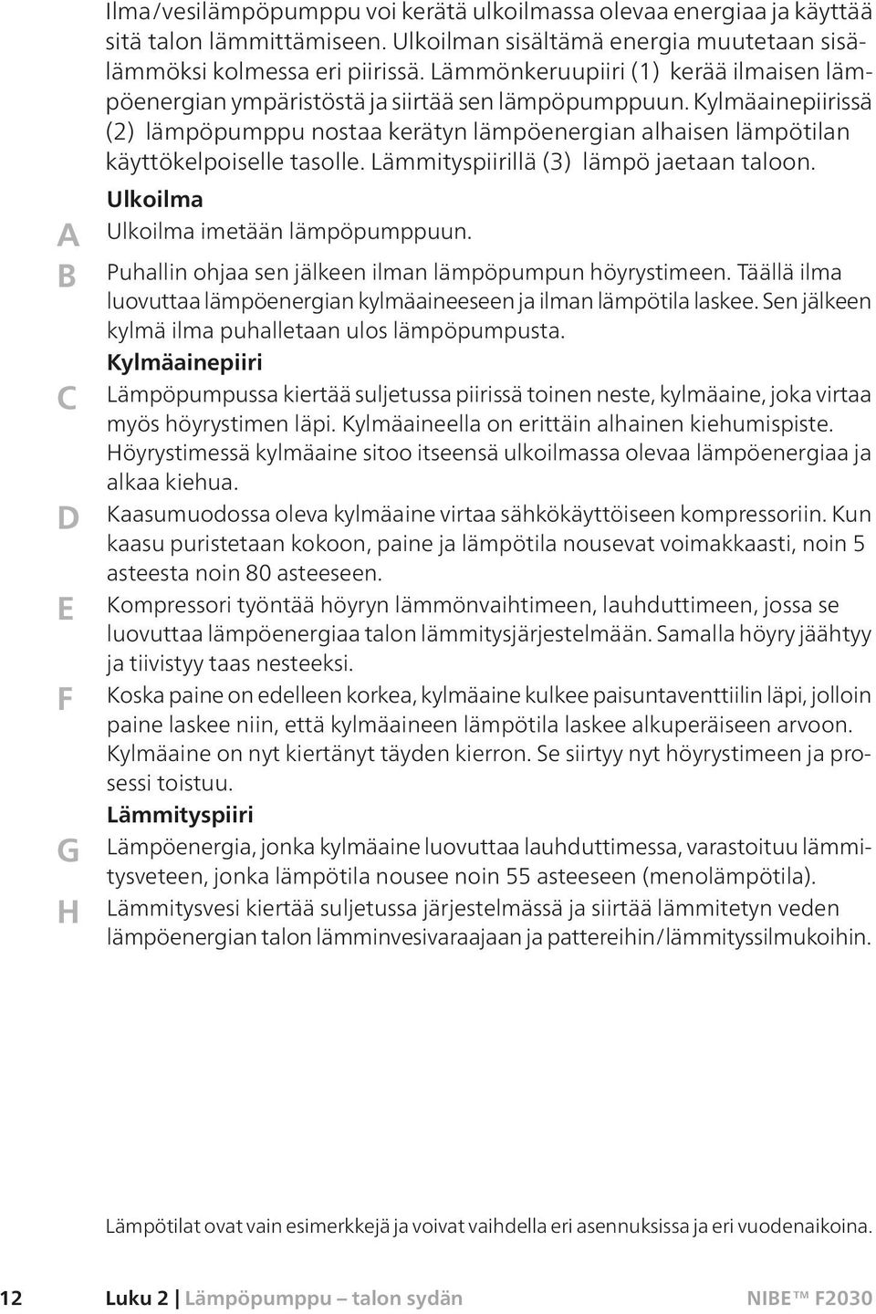 Kylmäainepiirissä (2) lämpöpumppu nostaa kerätyn lämpöenergian alhaisen lämpötilan käyttökelpoiselle tasolle. Lämmityspiirillä (3) lämpö jaetaan taloon. Ulkoilma Ulkoilma imetään lämpöpumppuun.
