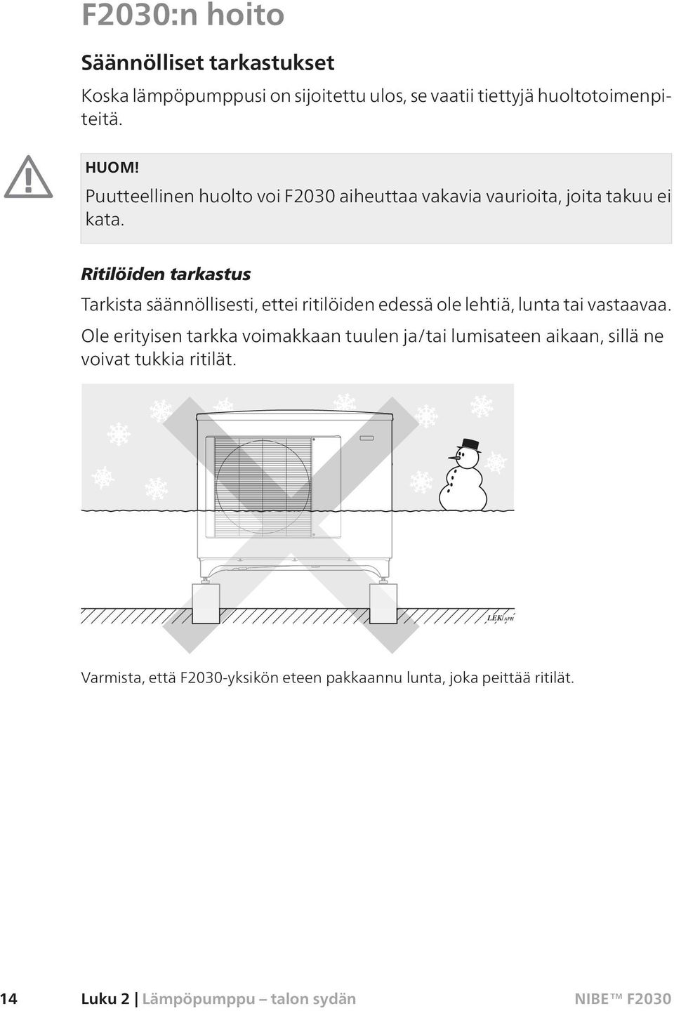 Ritilöiden tarkastus Tarkista säännöllisesti, ettei ritilöiden edessä ole lehtiä, lunta tai vastaavaa.
