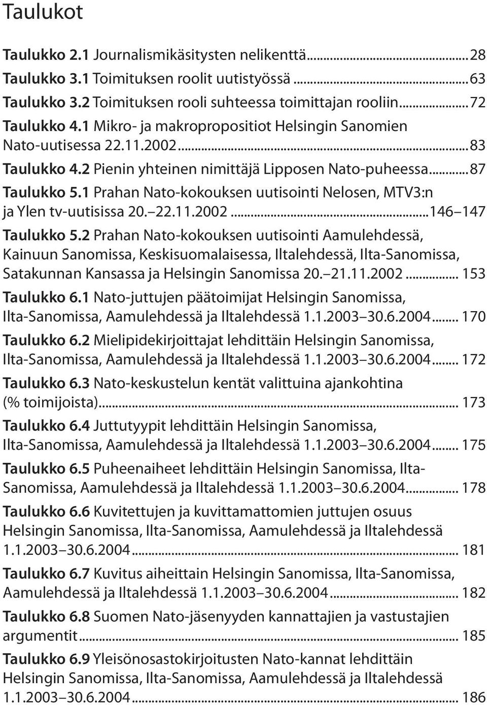 1 Prahan Nato-kokouksen uutisointi Nelosen, MTV3:n ja Ylen tv-uutisissa 20. 22.11.2002...146 147 Taulukko 5.