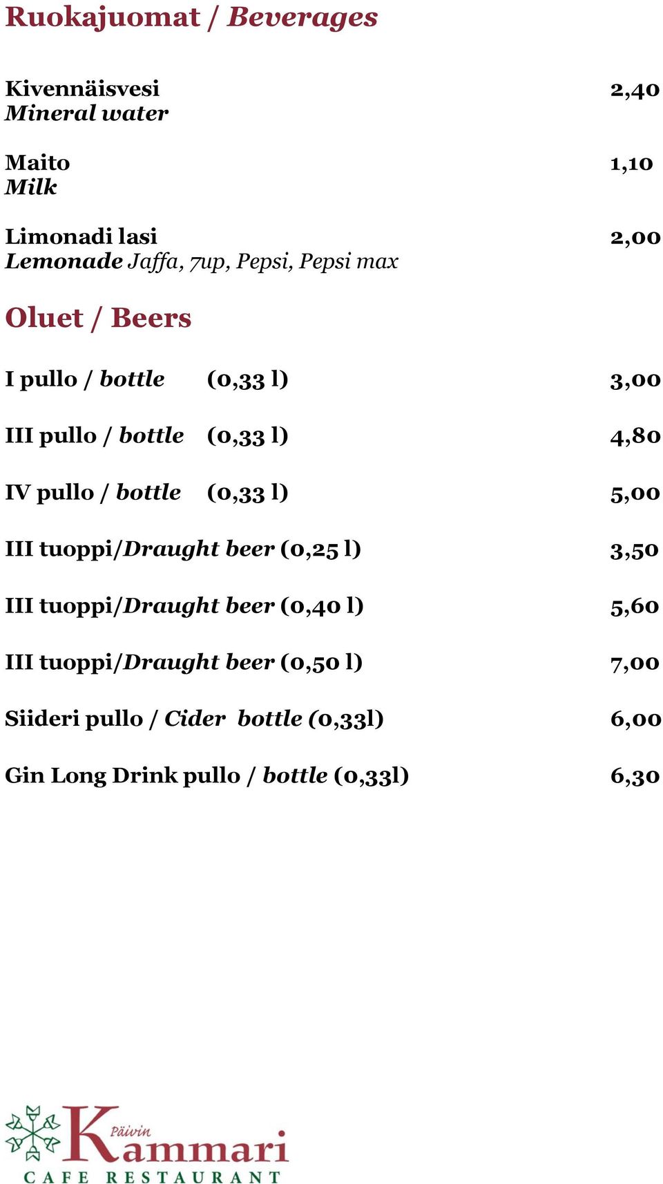 / bottle (0,33 l) 5,00 III tuoppi/draught beer (0,25 l) 3,50 III tuoppi/draught beer (0,40 l) 5,60 III