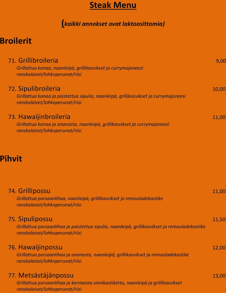 Hawaijinbroileria 11,00 Grillattua kanaa ja ananasta, naanleipä, grillikasvikset ja currymajoneesi Pihvit 74.