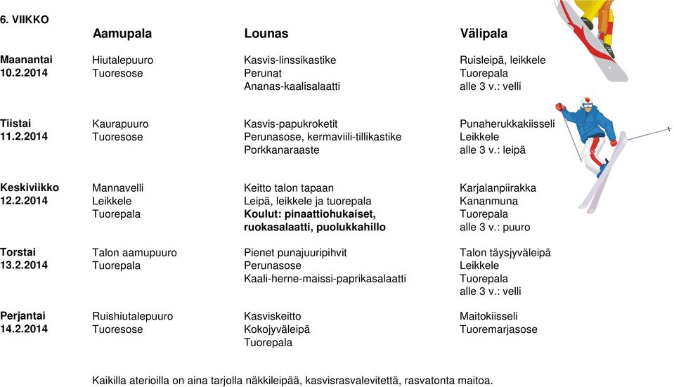 Tuoresose Perunasose, kermaviili-tillikastike Leikkele Porkkanaraaste alle 3 v.: leipä Keskiviikko Mannavelli Keitto talon tapaan Karjalanpiirakka 12.