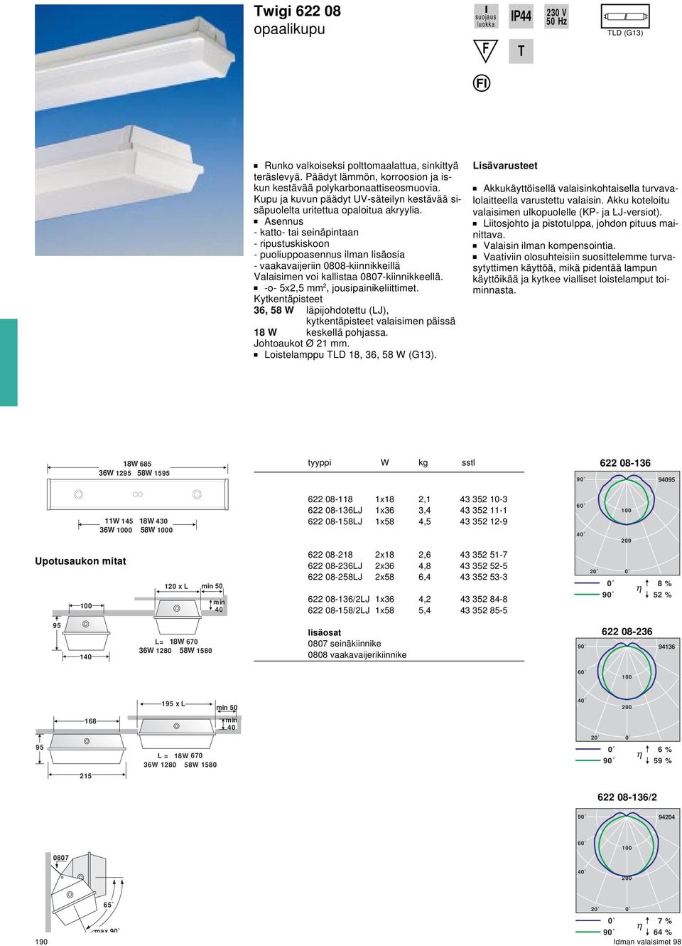 36W12 58W15 622 08-136 9 1 36W0 58W0 120 x L 50 622 08-118 1x18 2,1 43 352 10-3 622 08-136LJ 1x36 3,4 43 352 11-1 622 08-158LJ 1x58 4,5 43 352 12-9 622 08-218 2x18 2,6 43