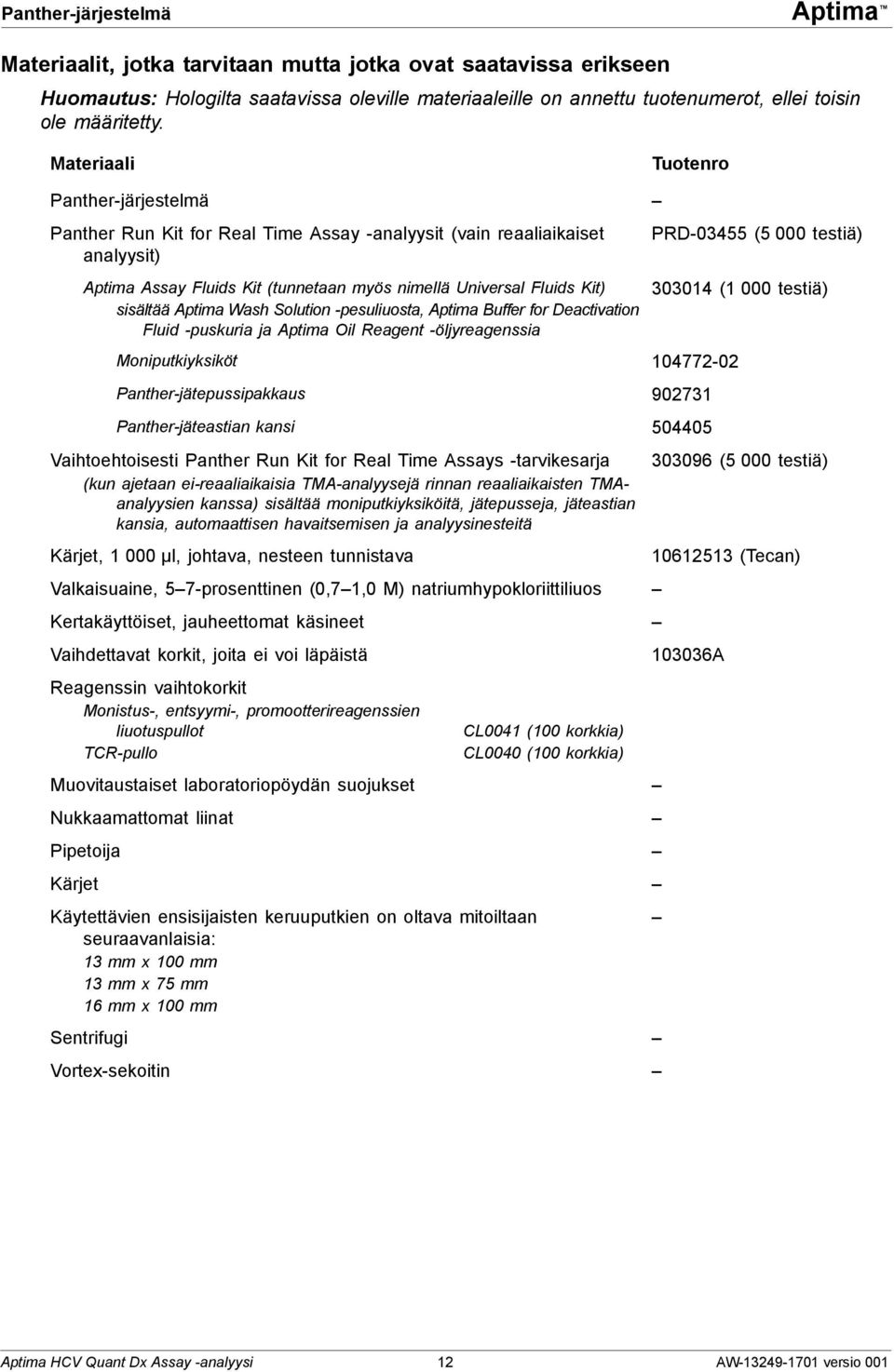 Materiaali Tuotenro Panther-järjestelmä Panther Run Kit for Real Time Assay -analyysit (vain reaaliaikaiset PRD-03455 (5 000 testiä) analyysit) Aptima Assay Fluids Kit (tunnetaan myös nimellä