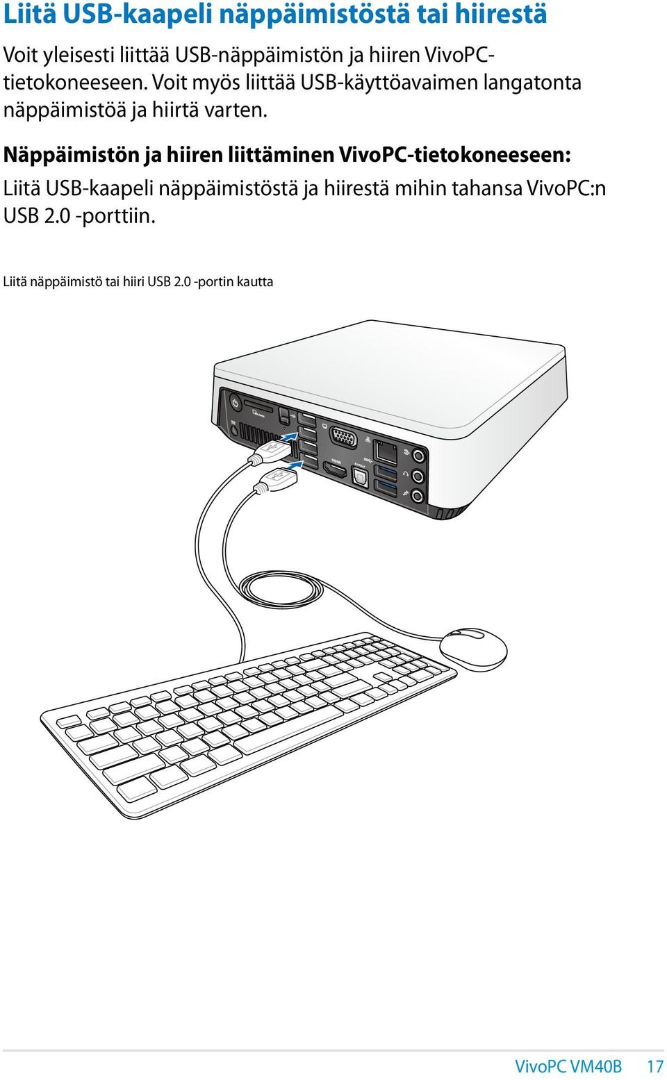 Näppäimistön ja hiiren liittäminen VivoPC-tietokoneeseen: Liitä USB-kaapeli näppäimistöstä ja