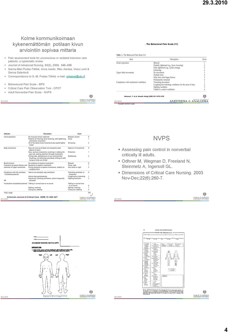 The Behavioral Pain Scale (11) Behavioural Pain Scale - BPS Critical Care Pain Observation Tool - CPOT Adult Nonverbal Pain Scale - NVPS Aissaoui, Y. et al.