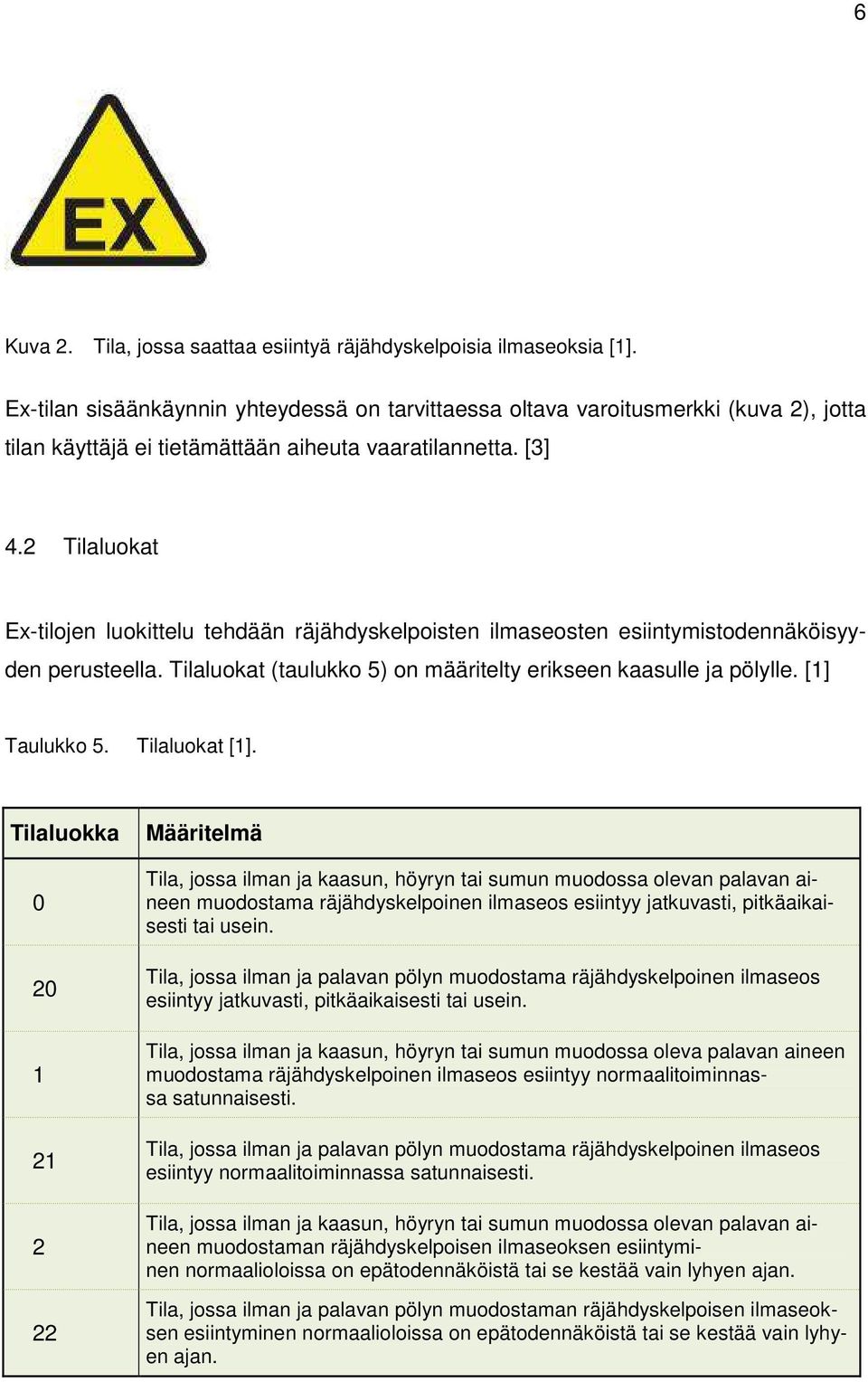 2 Tilaluokat Ex-tilojen luokittelu tehdään räjähdyskelpoisten ilmaseosten esiintymistodennäköisyyden perusteella. Tilaluokat (taulukko 5) on määritelty erikseen kaasulle ja pölylle. [1] Taulukko 5.